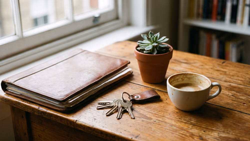 House keys, a lease folder and coffee on a desk