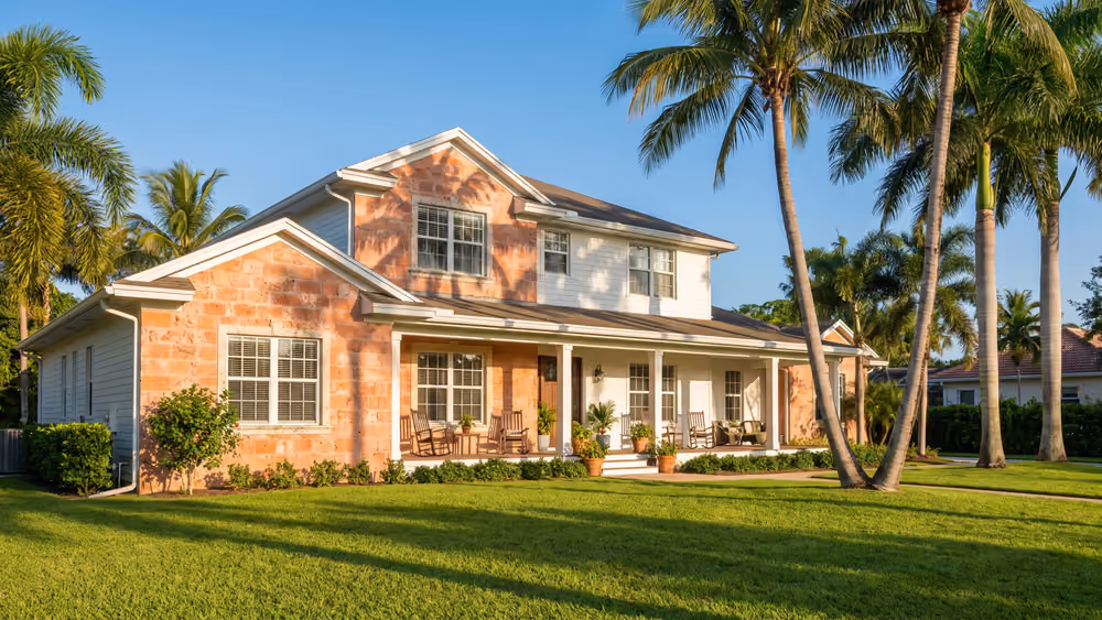 Family home with a lawn and palms in a South Florida neighborhood