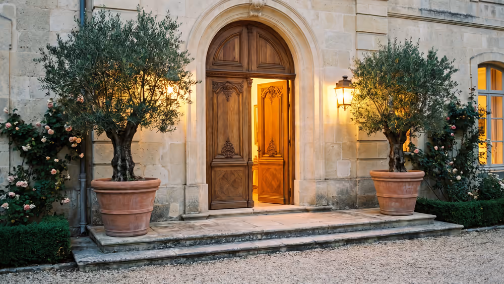 Front entrance of an elegant home with wooden double doors