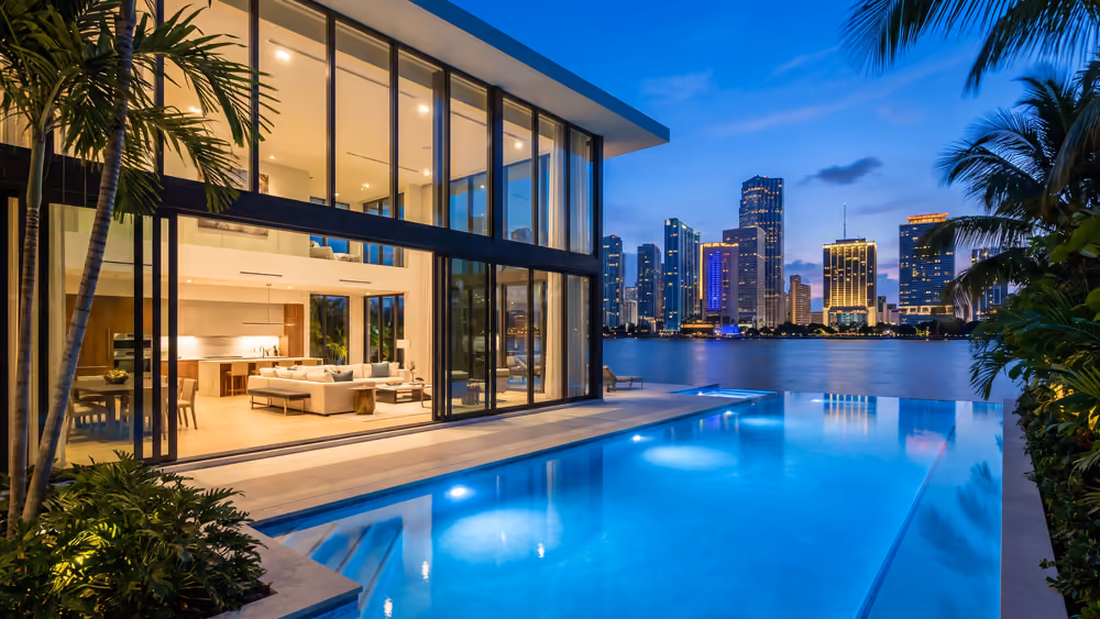 Modern residence with a pool and the Brickell, Miami skyline behind