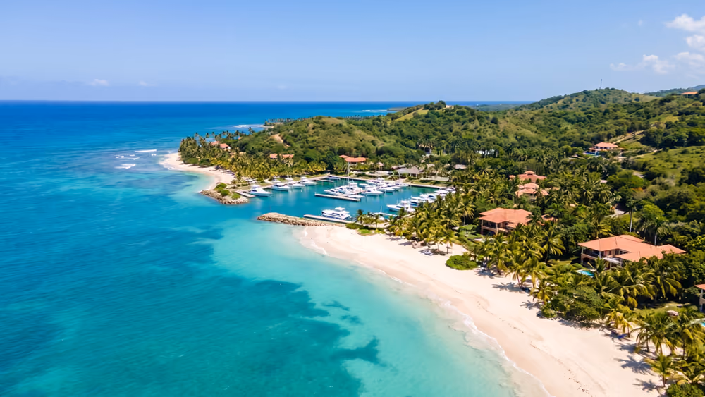 Aerial view of the Dominican Republic Caribbean coast with a marina