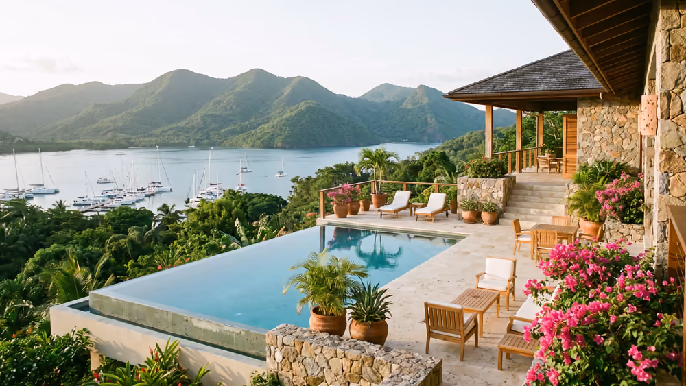 Terrace overlooking Samaná Bay, green mountains and a marina
