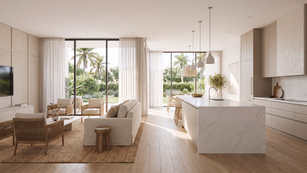 Bright living room and kitchen of a South Florida home